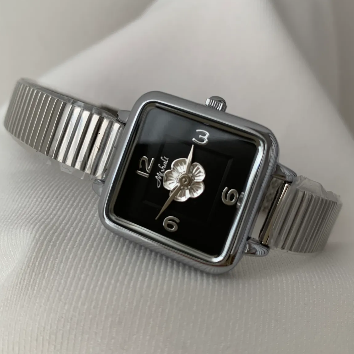 Bamboo Silver and Black Camellia Square Timepiece