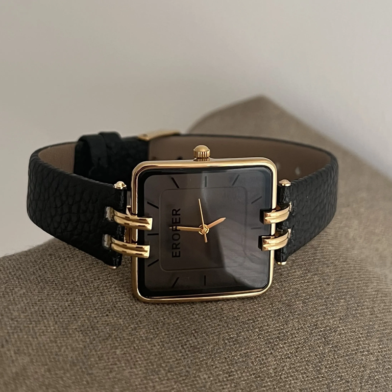 Chic Luxe Timepiece: Black Dial Square Leather Watch