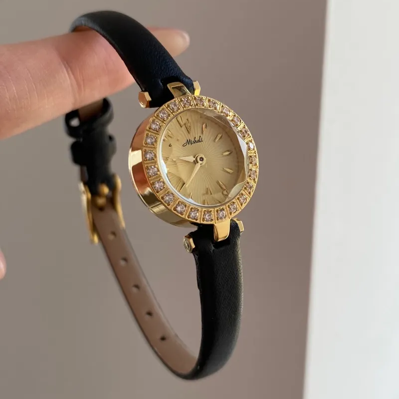 Diamond-Studded Slim Strap Mini Dial Leather Quartz Watch