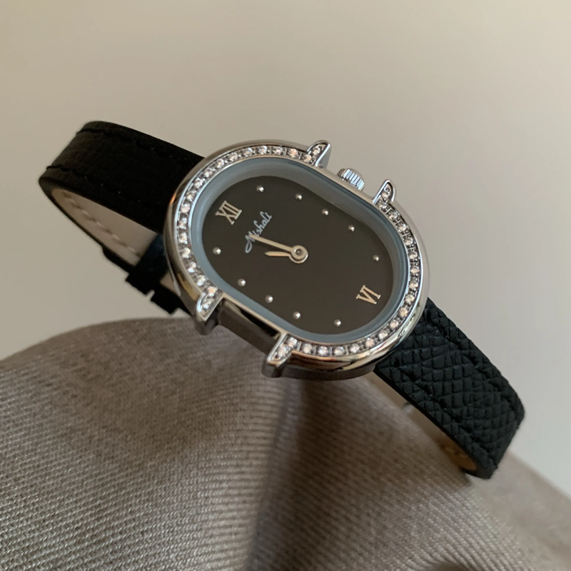 Oval Sparkle Timepiece: Diamond-Studded Leather Quartz Watch