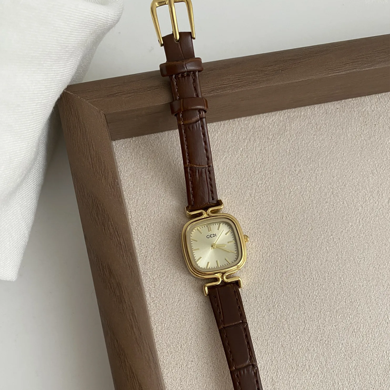 Golden Elegance Timepiece: Coffee Strap & Gold Dial Square Quartz Watch