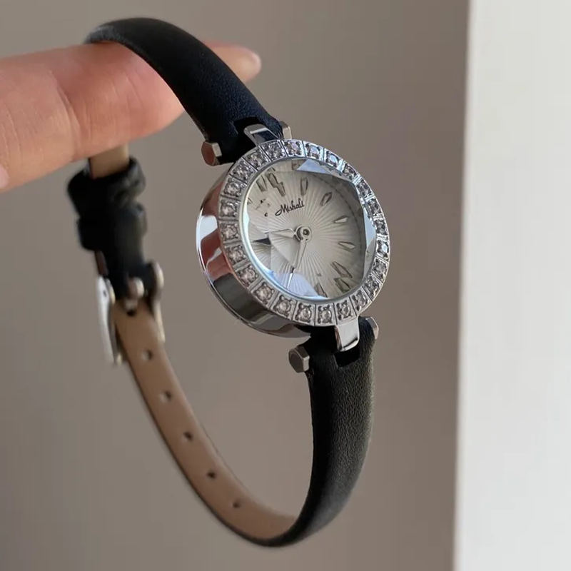 Diamond-Studded Slim Strap Mini Dial Leather Quartz Watch