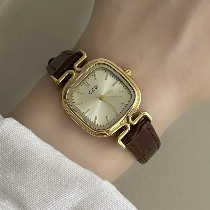 Golden Elegance Timepiece: Coffee Strap & Gold Dial Square Quartz Watch