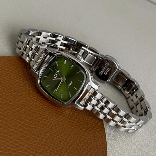 Silver Steel Link Timepiece: Mini Square Green Dial Watch