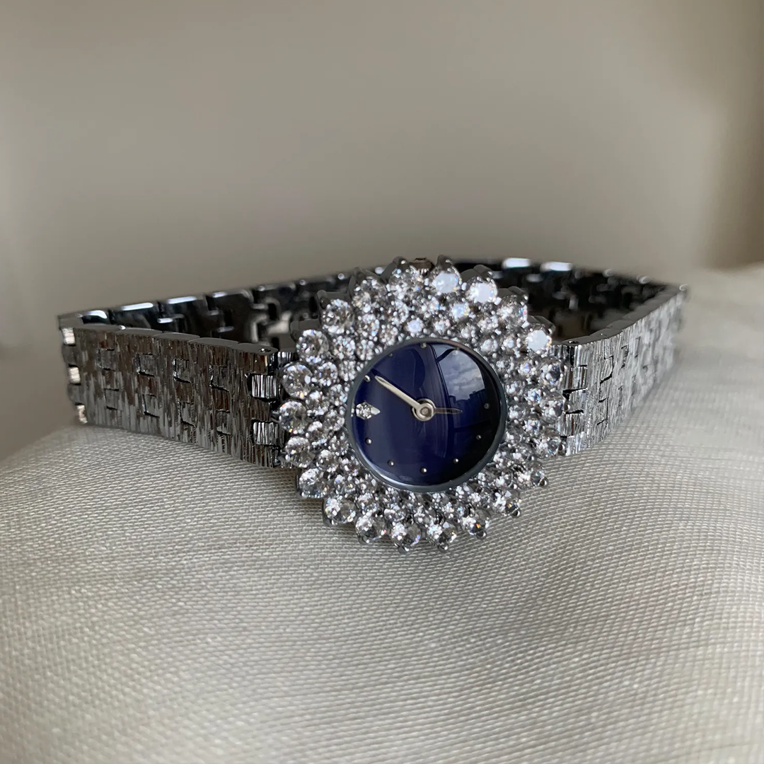 Radiant Sparkle Timepiece: Deep Blue and Zircon Crystal Watch