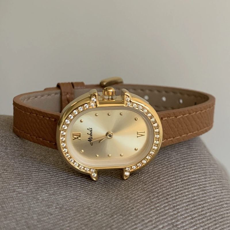 Oval Sparkle Timepiece: Diamond-Studded Leather Quartz Watch