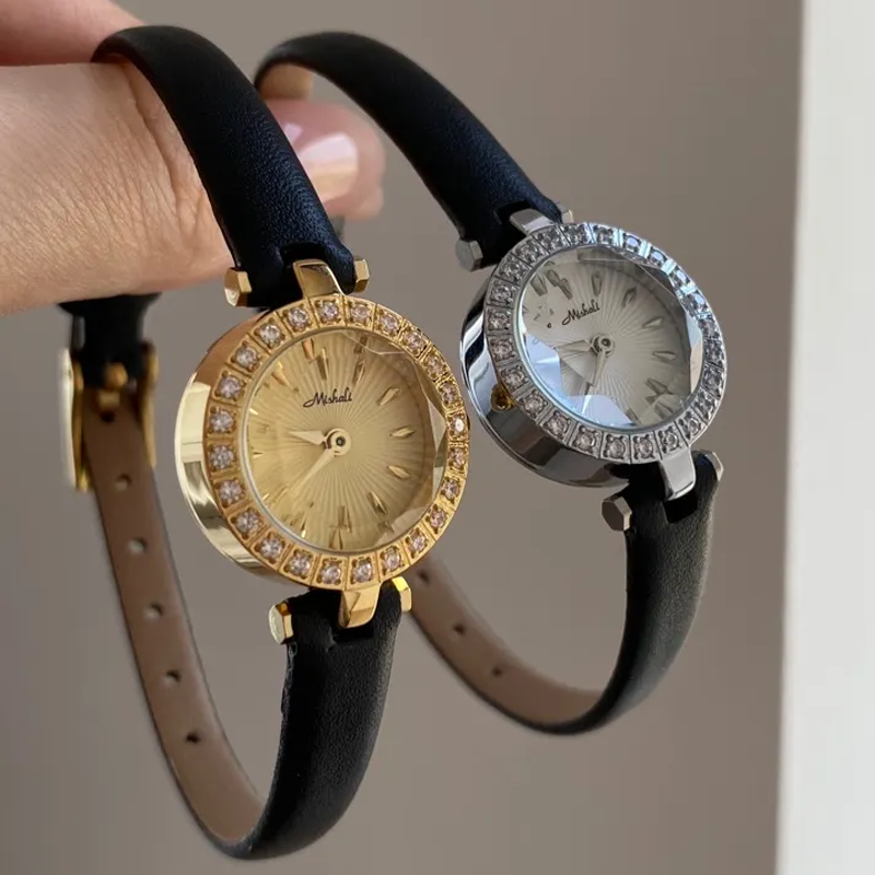 Diamond-Studded Slim Strap Mini Dial Leather Quartz Watch