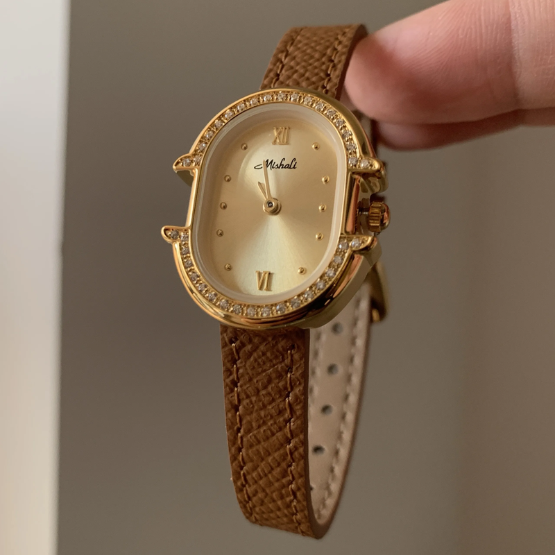 Oval Sparkle Timepiece: Diamond-Studded Leather Quartz Watch